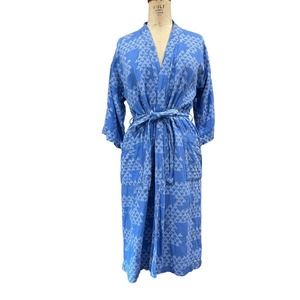 IKEA Kimono Robe TANKVARD Geometric Blue White Linen  Belted Bathrobe XS